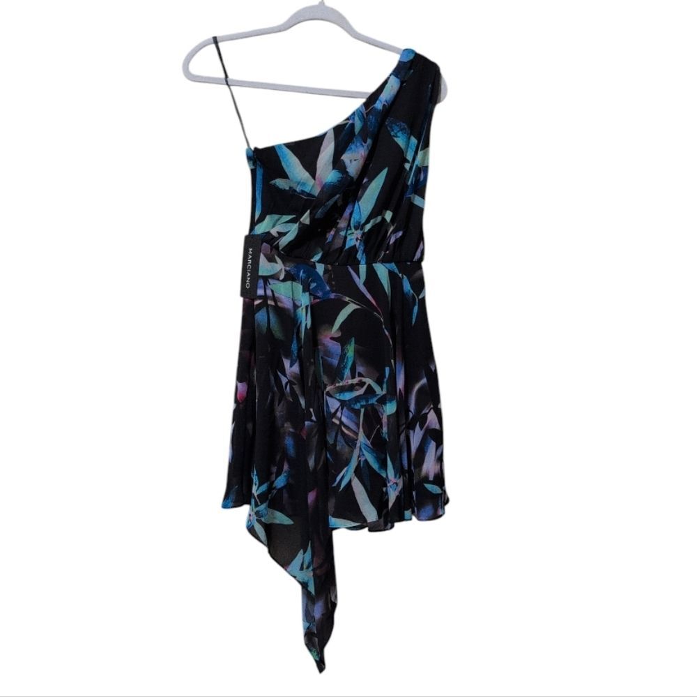 NWT Marciano Black Blue Floral Asymmetrical One Shoulder Mini Dress size 2